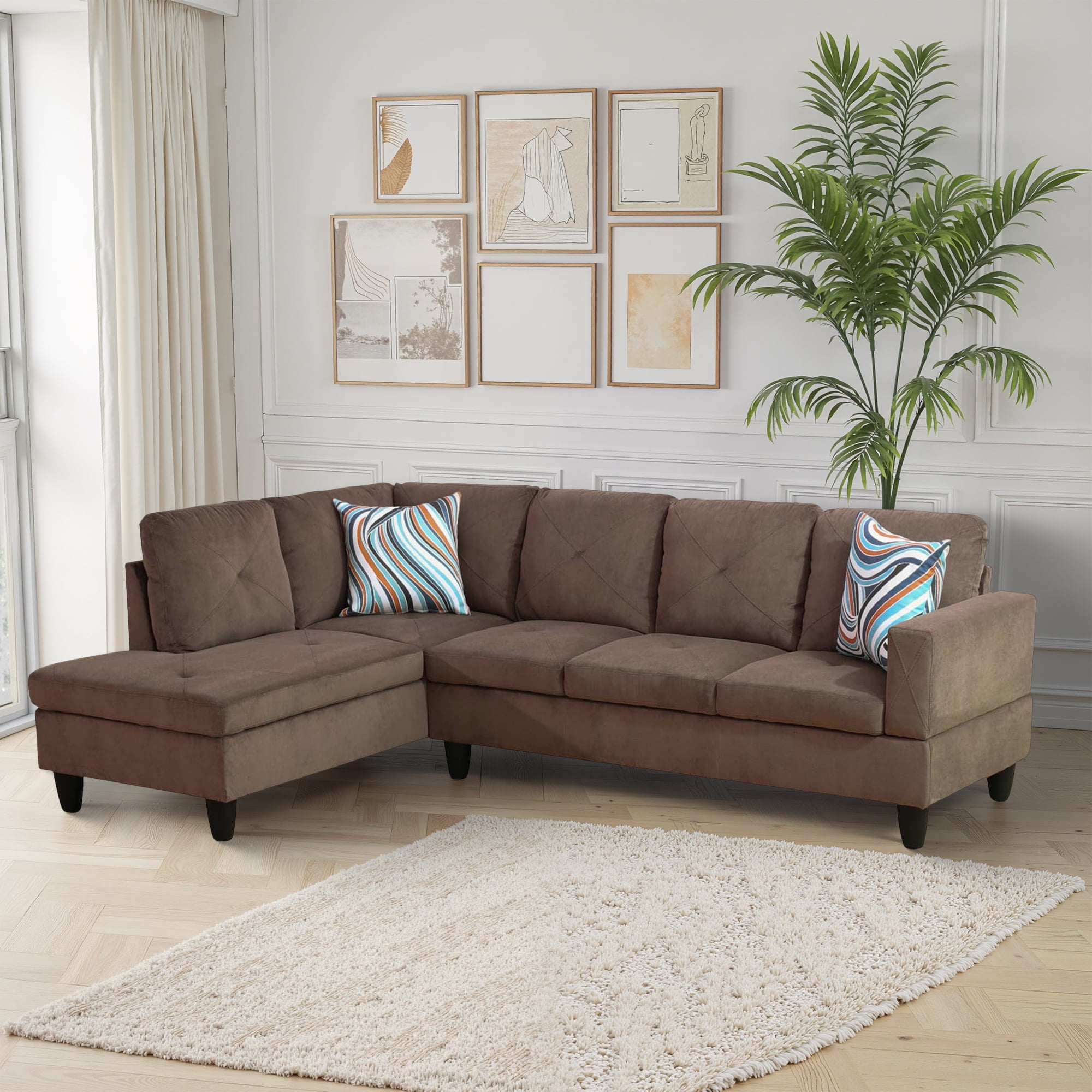 MAYEERTY Brown Sackcloth Fabric 3-Piece Living Room Sofa Set