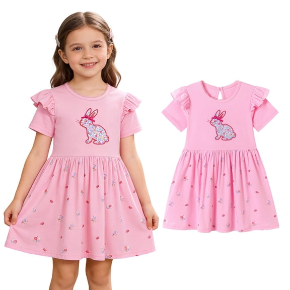 Girls Easter Dresses Ruffle Short Sleeve Bunny Print Dress Crew Neck Mini Dress Cute Summer Dresses Girls Dress 4-5 Years
