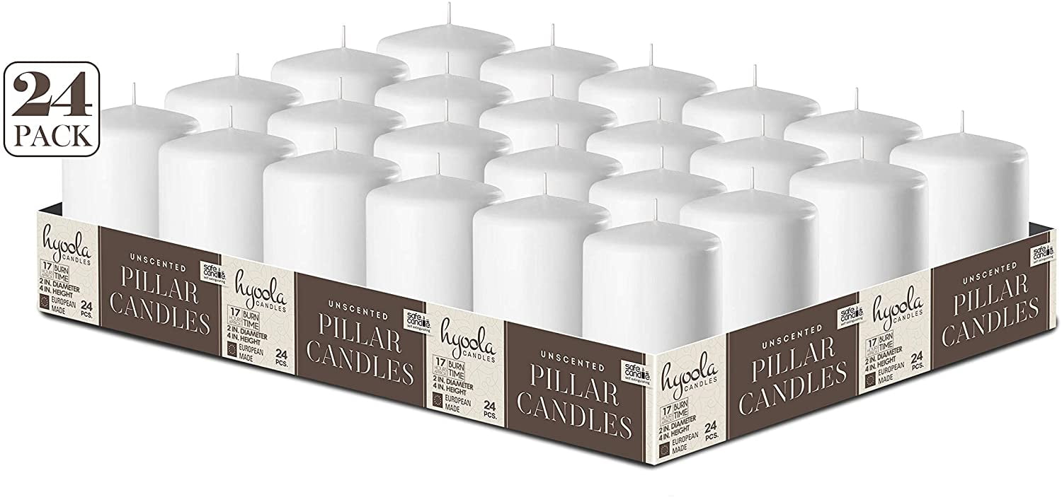 Hyoola 2 x 3 White Unscented European Made Pillar Candles, Dripless Paraffin Wax with Smokeless Cotton Wick, 24-Pack