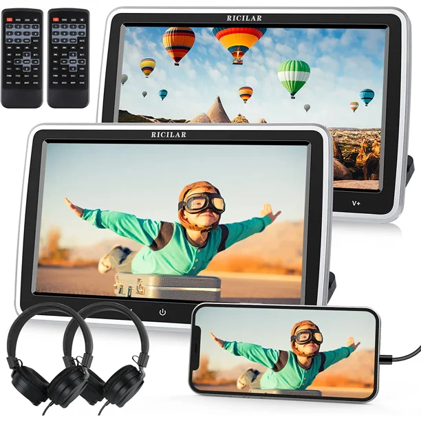 RICILAR Premium 10.5" Dual Screen Portable DVD Player for Car, Black
