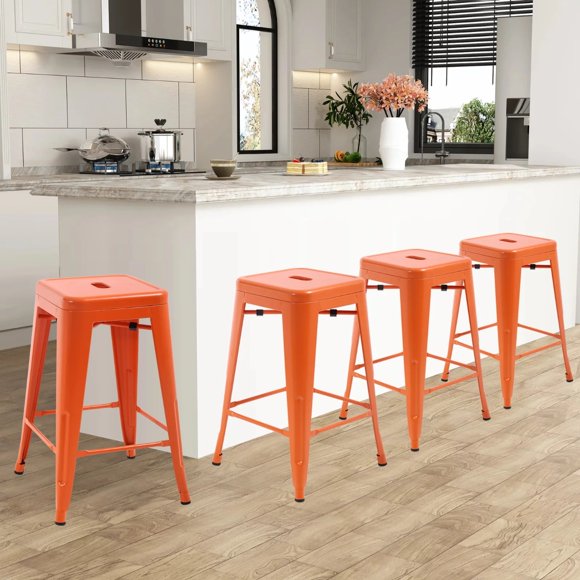 NiamVelo 24 inch Metal Bar Stools Set of 4, Stackable Backless Counter Height Industrial Bar Chair, Orange