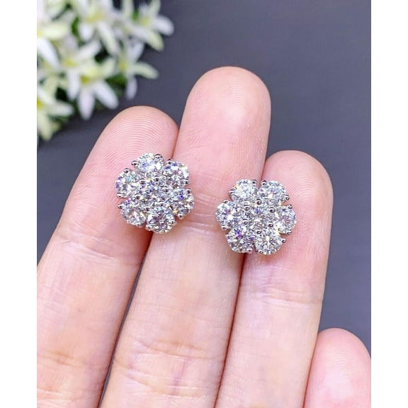 1Ct Lab Created Diamond Round Cluster Flower Stud Earrings 14K White Gold Plated
