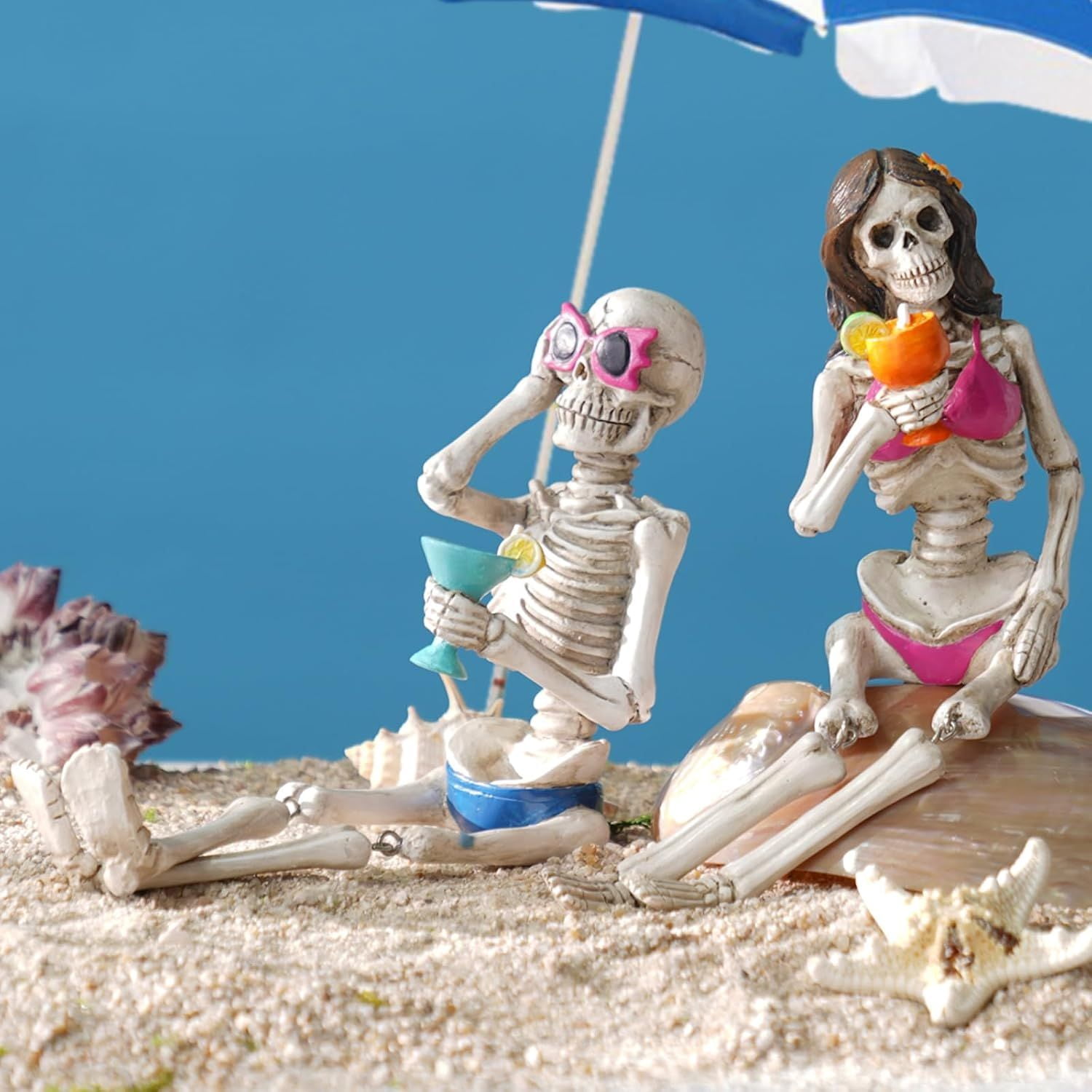 Halloween Skeleton Statue in Bikini Sunglasses for Summer and Spooky Decor