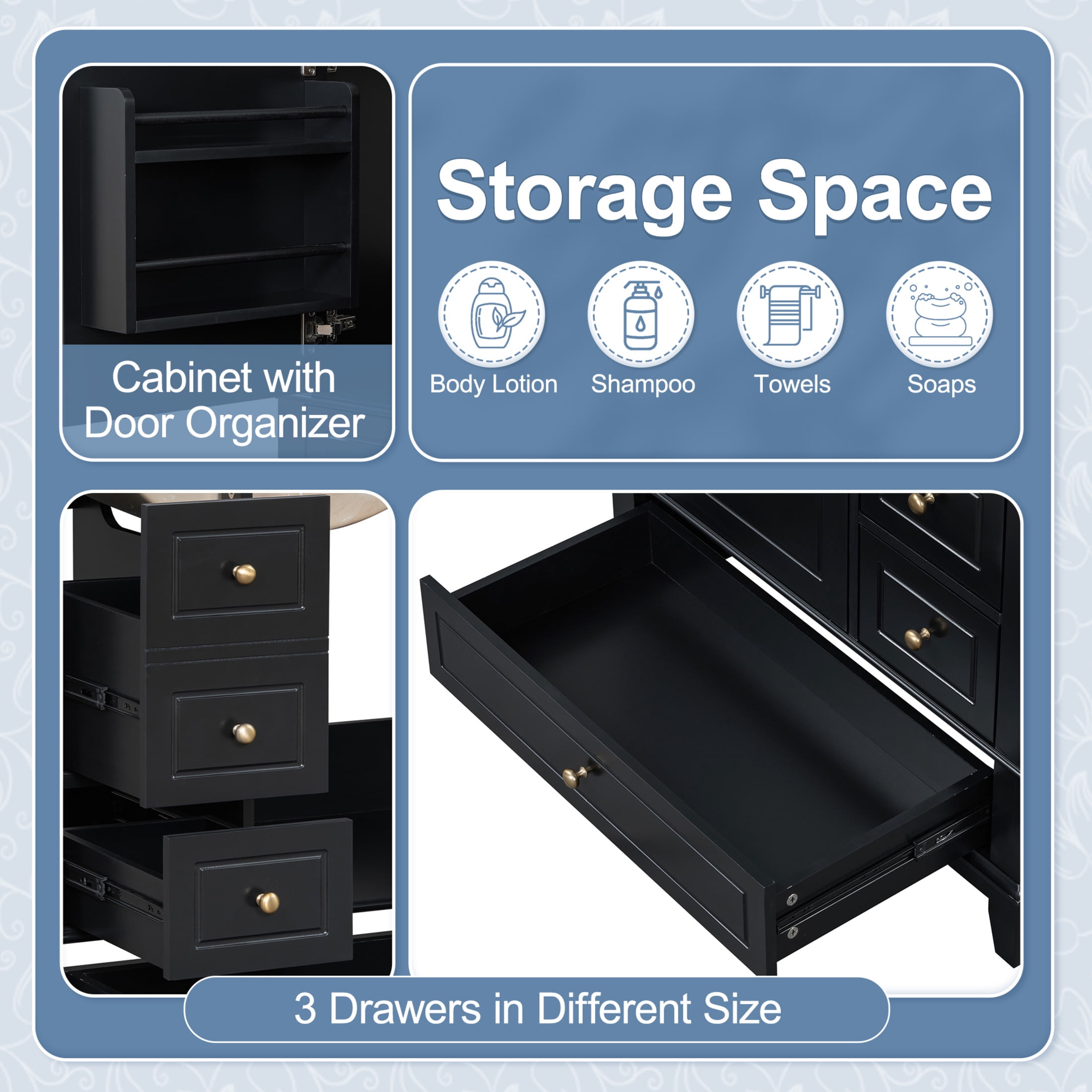 Christopher Knight Home 30" Bathroom Vanity with Ceramic Sink, Soft-Close Door and 3 Drawers, Black