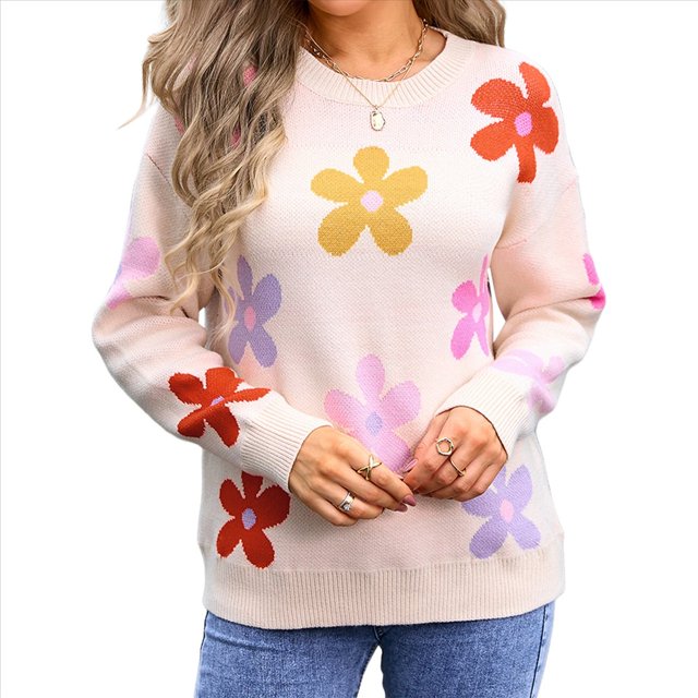 Suéteres Bonitos para Mujer, Jersey Floral de Larga, Prendas de Punto para Exteriores, Tops Y2K, Conjuntos Holgados para Invierno y Otoño 2025 Albaricoque M