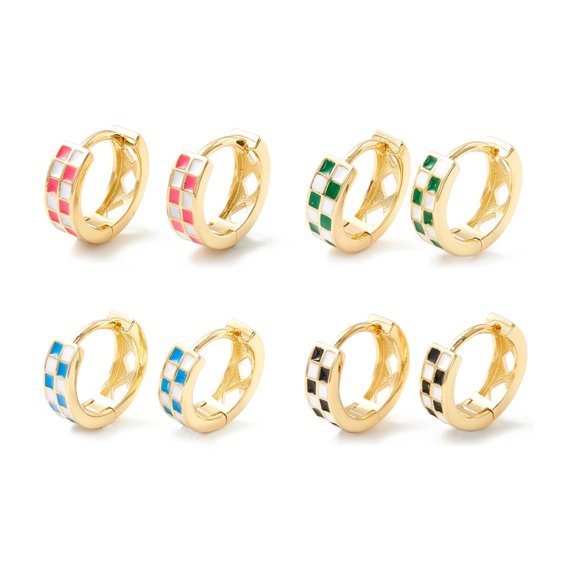 5pairs Tartan Pattern Enamel Chunky Hinged Huggie Hoop Earrings for Women golden Brass Jewelry Cadmium Free & Nickel Free & Lead Free Mixed color 13x4mm Pin: 1mm