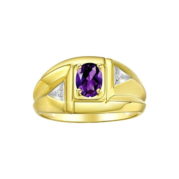 Rylos Yellow Gold Plated Silver Classic 6X4MM Oval Amethyst & Sparkling Diamond Ring - Birthstone Jewelry for Men -Size 8