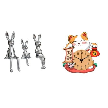 4 Pieces Sculpture Ornament Wall Clock Silent Design Ceramic Material for Cat Lovers Kids Room Decoration