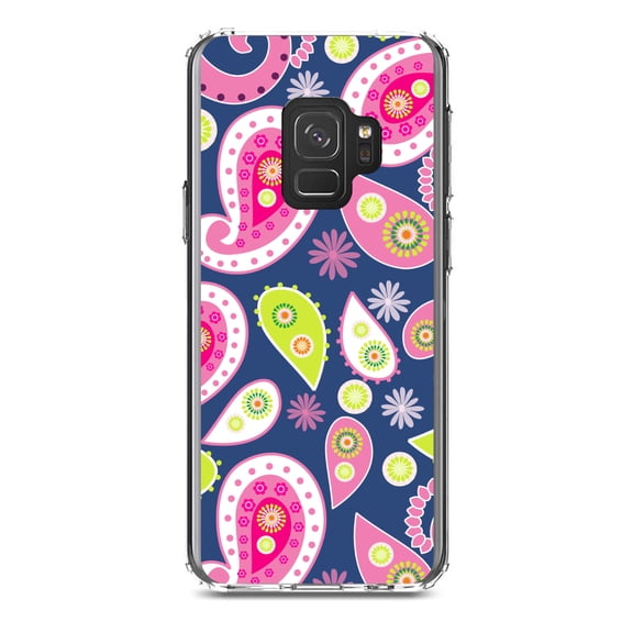 DistinctInk Clear Shockproof Hybrid Case for Samsung Galaxy S9 (5.8" Screen) - TPU Bumper, Acrylic Back, Tempered Glass Screen Protector - Pink Green Navy Paisley
