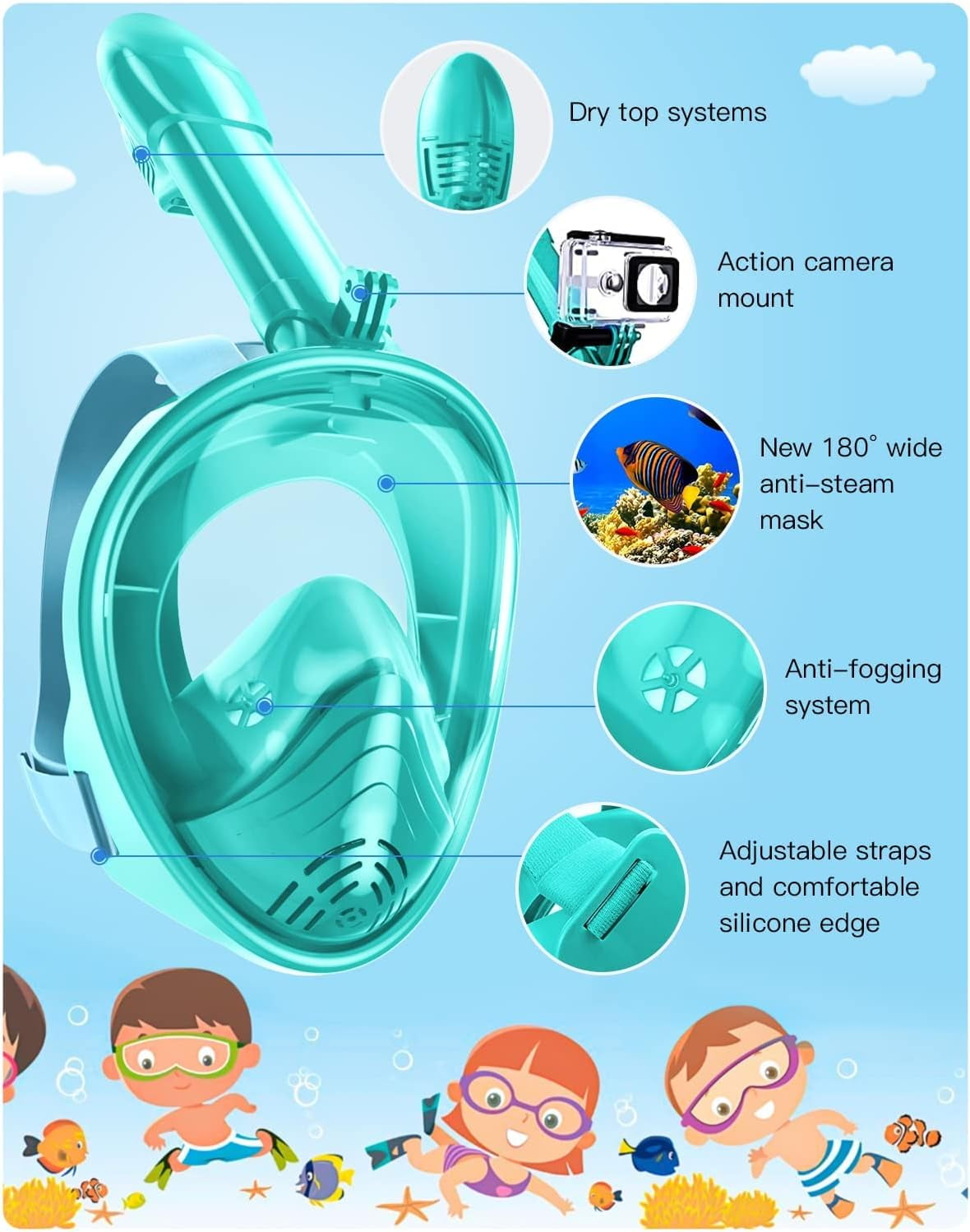 Gintenco Full Face Snorkel Mask, Kids Diving Mask with Innovated Anti- Leak Snorkeling Gear 180 Panoramic View with Removable Camera Mount Green