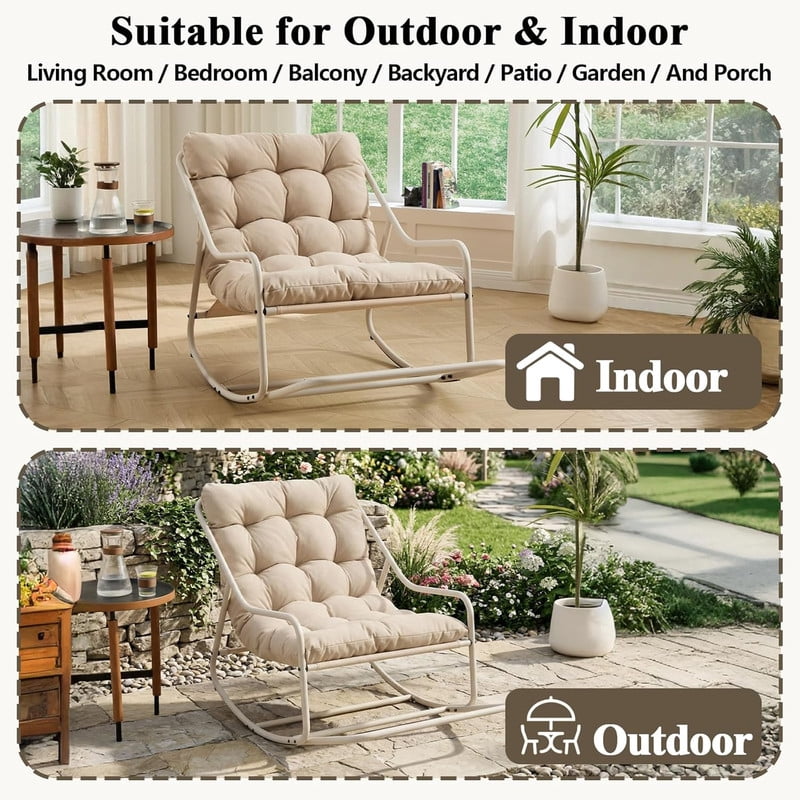 Outdoor Rocking Chair, Papasan Rocking Chair with Metal Frame, Comfy Rocker Lounge Chair for Living Room Porch Patio Garden