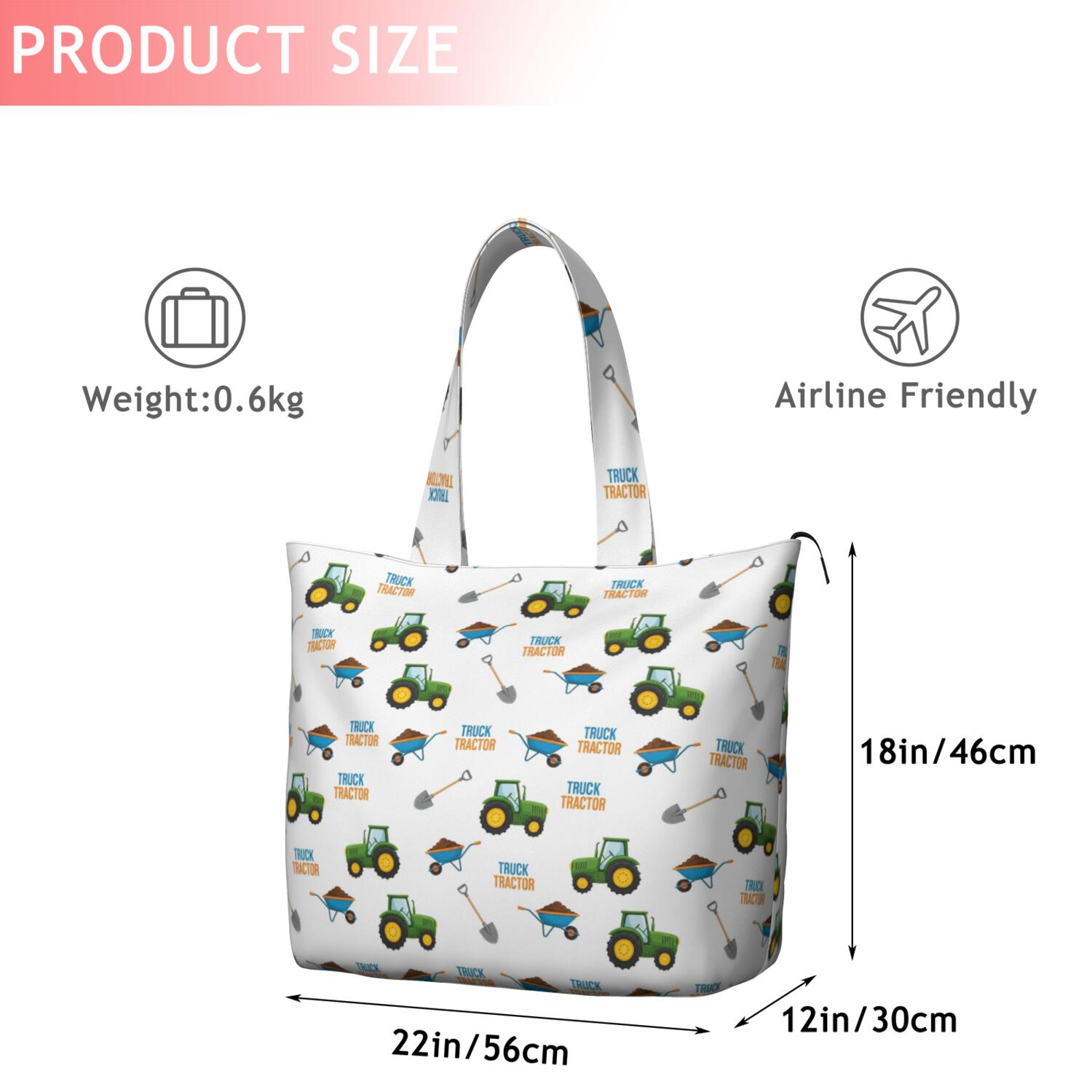 Cartoon Tractors Wheelbarrows White Pattern Travel Tote Bags for Women Carry On,Large Weekender Bags for Women Travel,Multi Functional Duffle Bag for Work,Shopping,Sports