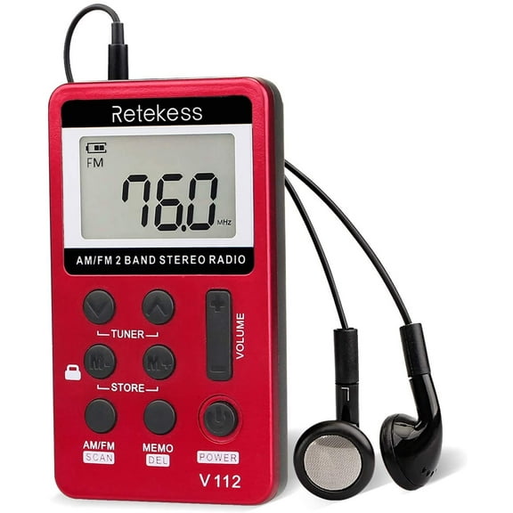 Retekess V112 Portable AM/FM Radio with Rechargeable Battery - Ideal for Gym, Seniors - Red