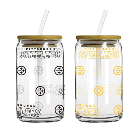 Logo Brands Pittsburgh Steelers 16oz. Step And Repeat Glass Can with Lid & Straw 2-Pack