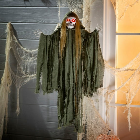 35 1/2" Light-Up Hanging Long Hair Skeleton Reaper Halloween Decoration