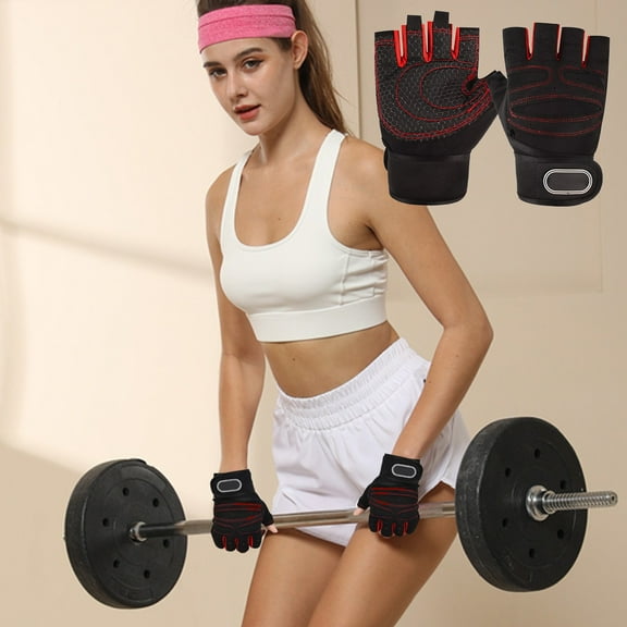 CxhicLuv Black-Red Half Finger Gloves, 6.9×4.1×0.8 Inch, Non-Slip, Breathable, Durable, Ideal for Gyms, Cycling, Polyester & Silicone-Palm, Suitable for Men, Women, Red