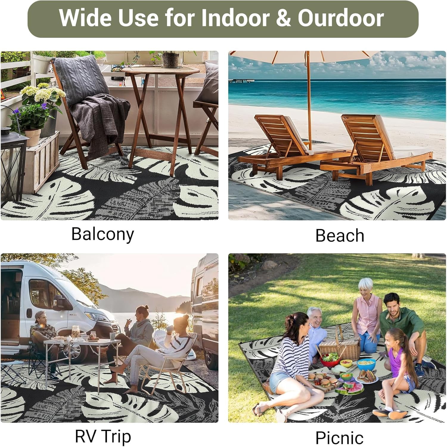 Funslane Outdoor Rug 8' x 10', Waterproof Plastic Straw Mat, Foldable & Reversible, Indoor Outdoor Rugs for Patio, Deck, RV, Beach, Picnic, Black/Beige