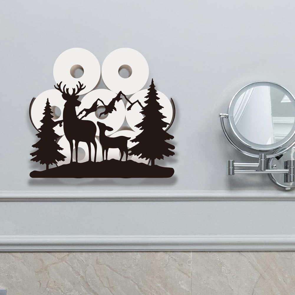 Deer Toilet Paper Holder Metal Forest Animal Wall Mounted Toilet Paper Storage for Extra 8 Rolls Funny Animal Toilet Paper Organizer Toilet Paper Roll Holder for Bathroom Home Office Décor Black
