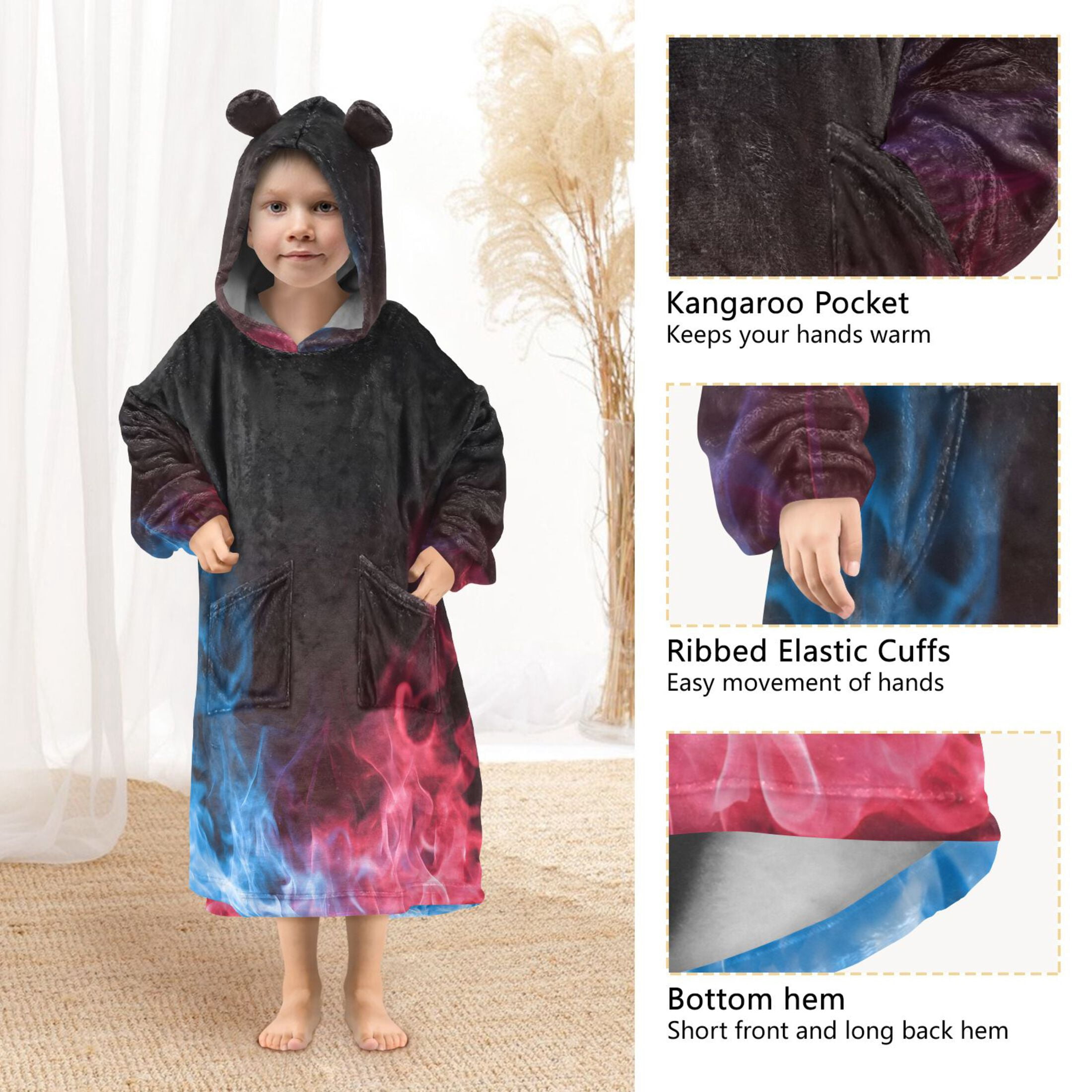 joogoo Wearable Blanket Hoodie Red Blue Flames for Flannel Sherpa Pocket 3-14 YR S