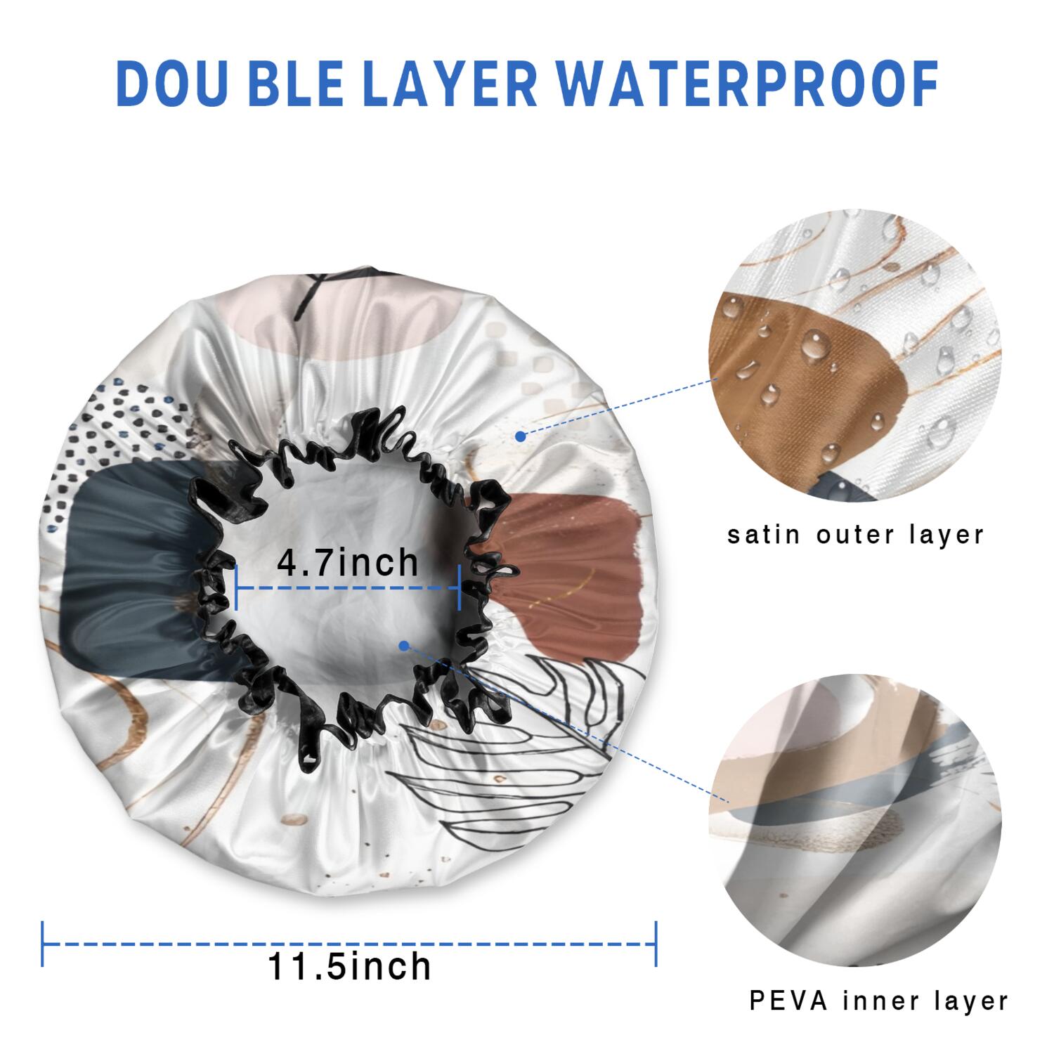 Shower Caps,Blue Boho Abstract and Plant Pattern Waterproof Shower Cap for Women 4 Pieces,Double Reusable Hair Cover for Shower PEVA Elastic Stretch Hem