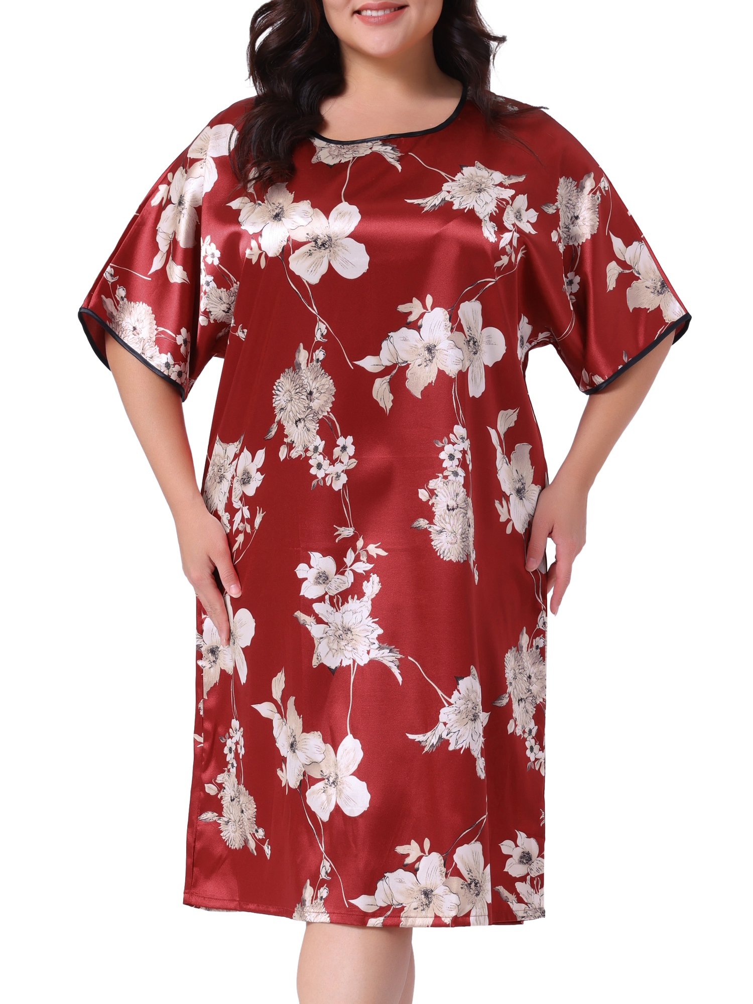 DARING DIVA Women's Plus Size Satin Floral Short Sleeve Round Neck Nightgown 4X Red