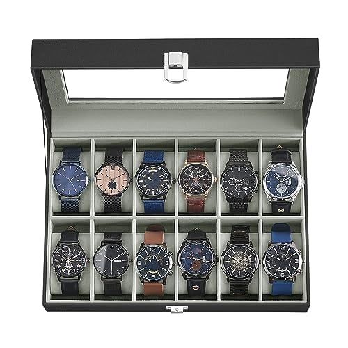 Watch Box,12-Slot Watch Case Organizer with Large Glass Lid,Removable Pillows,Gift for Loved Ones,Black Synthetic Leather,Gray Lining