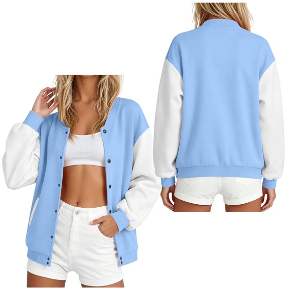 IUYRTFE Women's Color Block Varsity Bomber Jacket Button Down Long Sleeve Casual Baseball Coat with Pockets