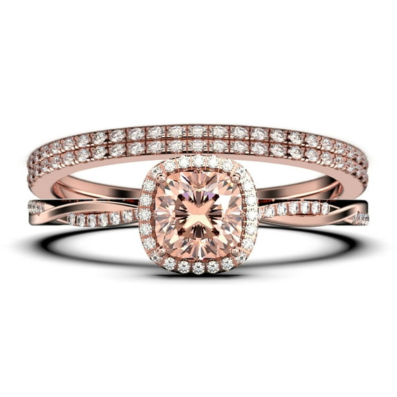 Twisted Infinity Band Dazzling Boho & hippie 2.00 Carat Round Cut Morganite And Diamond Moissanite Engagement Ring, Classic Wedding Ring in 10k Solid White Gold, Gift For Wife, Trio Rings