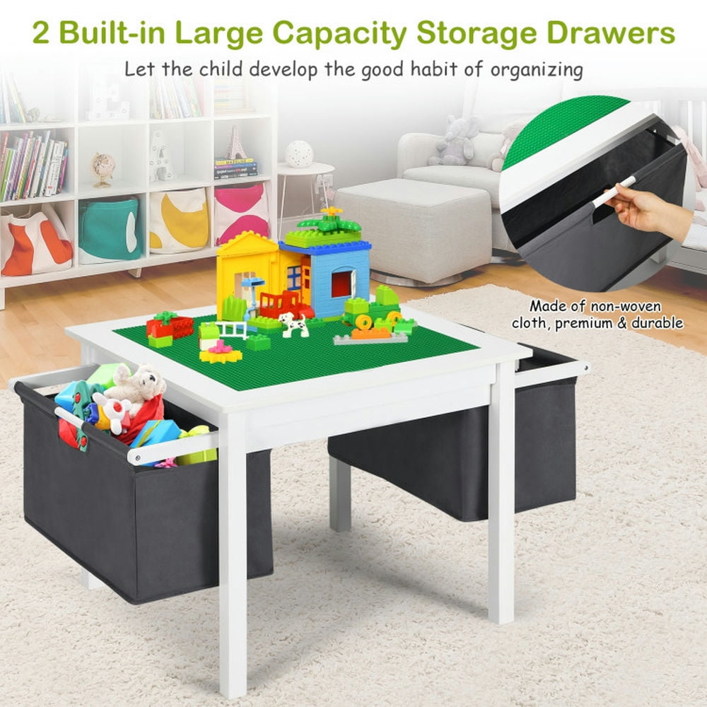 Spaco 2-in-1 Kids Activity Table and 2 Chairs Set with Storage Building Block Table-White, Toddler Table and Chair Set for Arts & Crafts, Snack Time, Homeschooling, Homework