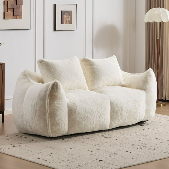 Giant Bean Bag Couch for Adults, Ultra Soft Fluffy Loveseat Bean Bag Sofa, Oversized Chase Lounge Chair Indoor for Living Room Bedroom, No Assembly Required Cozy Reading Chair with Pillows, White