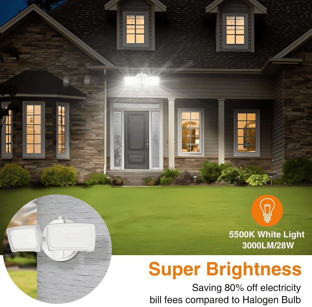 LEPOWER 3000 Lumen LED Flood Light Outdoor, 28W, Switch Controlled, 2 Heads, 5500K, IP65 Waterproof for Garage, Yard, Patio, White