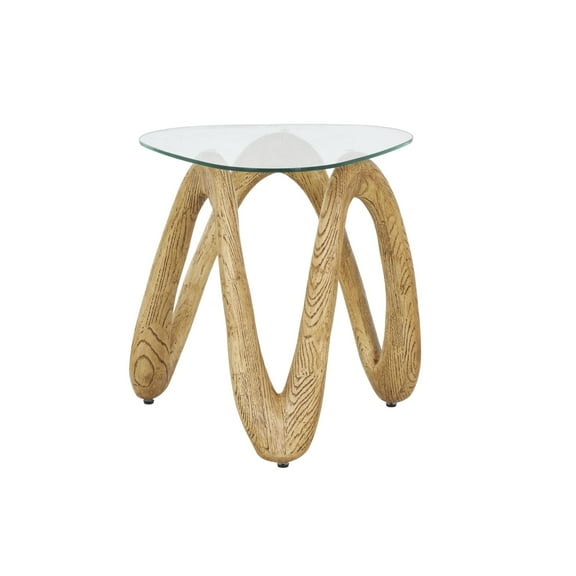 DecMode 22" x 22" Light Brown Polystone Wood Grain Inspired Wavy Abstract Accent Table with Glass Tabletop, 1-Piece