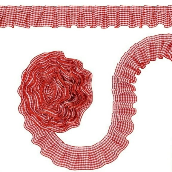 Gingham Ruffle Ribbon Trim,Red Checkered Fabric Trim Edge,1.57" x 5yd Gingham Pleated Lace Trim,Home Embroidery Decorations,for Dress Clothing Cuffs Applique DIY Craft Sewing By Scheam
