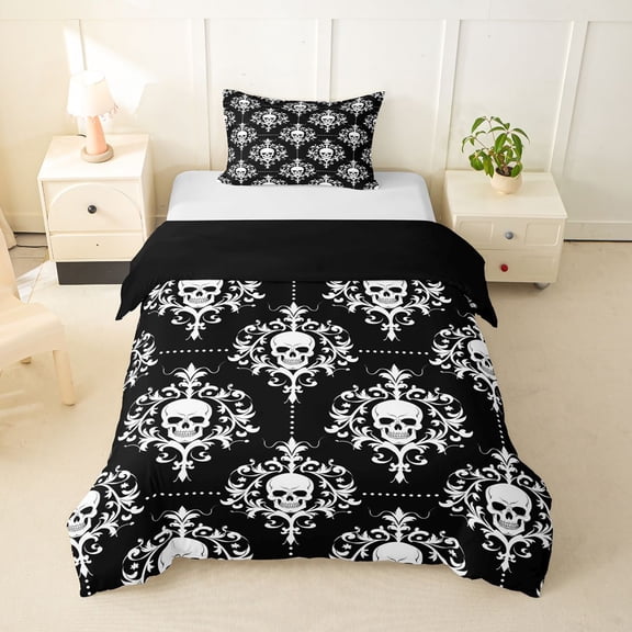 Homewish Hipple Halloween Skull Twin Duvet Cover,Vintage Damask Twin Bedding,Black White,Black Reversible,2 Pieces,1 Duvet Cover and 1 Pillowcase