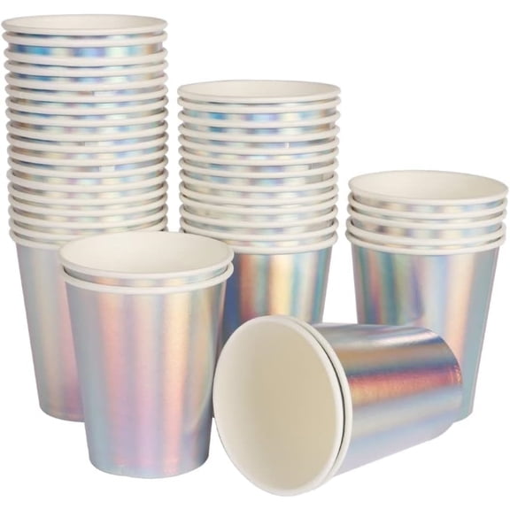 50 Pcs Iridescent Paper Cups, Boriyuan 9oz Drinking Party Cups for Picnic Home Birthday Anniversary Christmas Wedding Party Supplies (Silver)