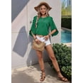 thumbnail image 4 of Round Neck Lace Irregular Three-Quarter Sleeve Top Green M, 4 of 8