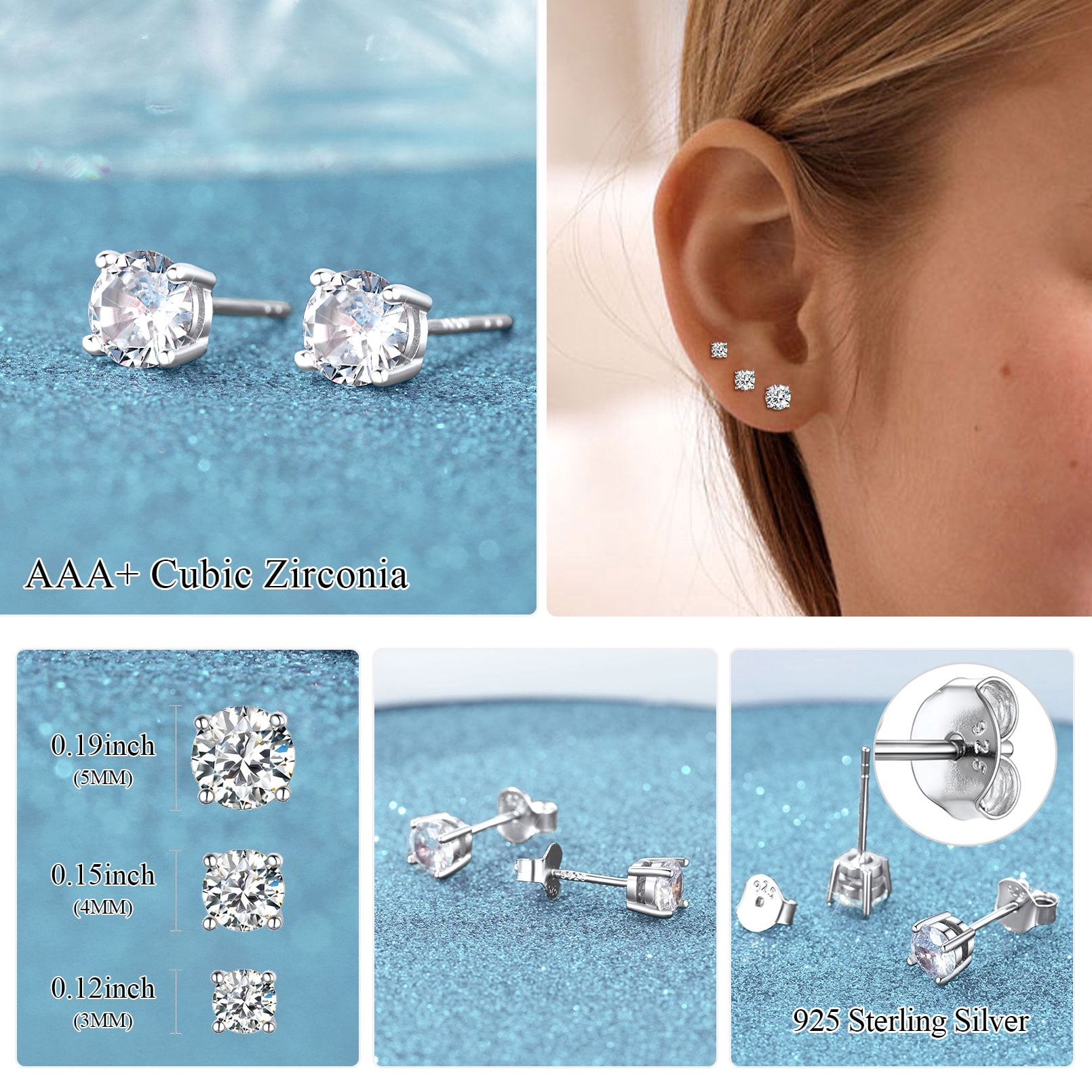 ChicSilver 3 Pairs Sterling Silver Cubic Zirconia Stud Earrings for Women Hypoallergenic Tiny Simulated Diamond Ear Stud Set for Sensitive Ears