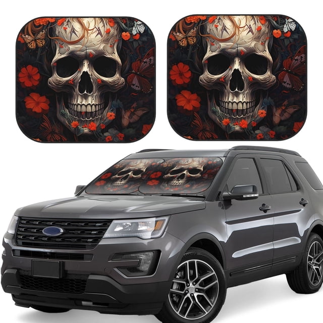 Saiise Vintage Butterfly Flower Skull for Foldable Car Sun Shades (2-Pack) Offer Sun Protection with an Easy-fold Design for Convenient Windshield Shading-Small