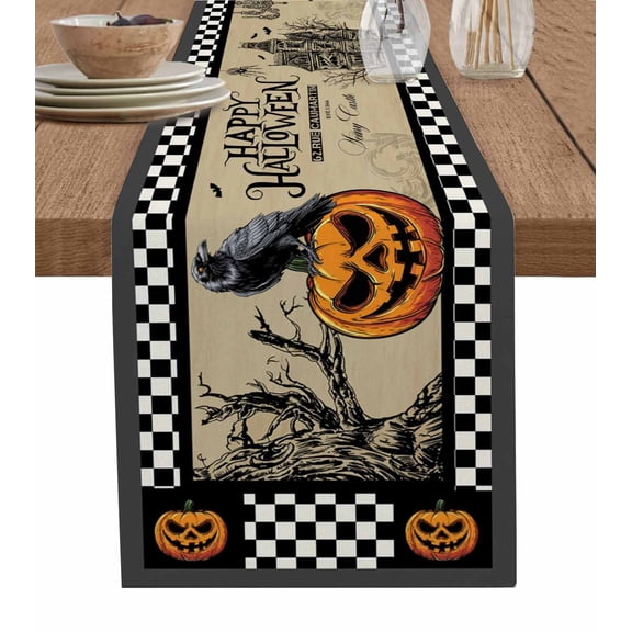 Halloween Evil Pumpkin Table Runner 90 Inches, Horror Black Crow Castle Vintage Plaid Bed Runner Dresser Scarves Tabletop for Indoor Outdoor Parties/Ceremony/Banquet, 13" x 90"