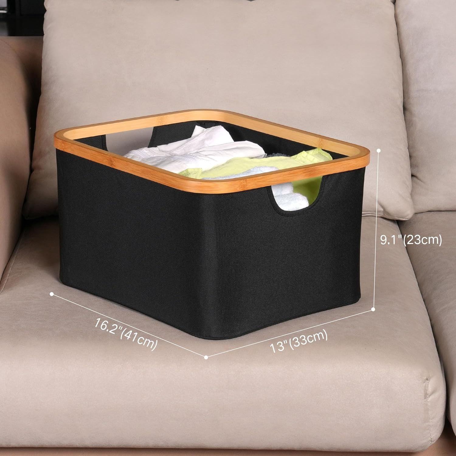 Storage Baskets for Organizing, Fabric Storage Bins with Bamboo Handles, Collapsible Storage Baskets for Shelves and Closet (Black, 16.2'' x 13'' x 9.1'')