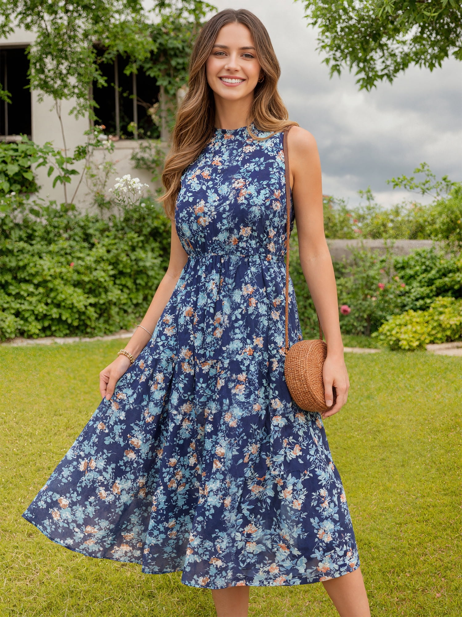 DARING DIVA Women's Floral Mock Neck Tiered Flowy Midi Dress M Navy Blue