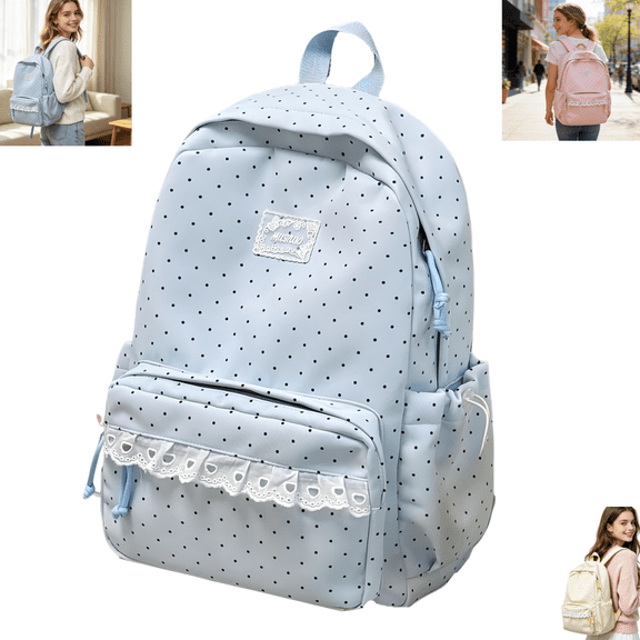 Polka Dot Lace School Backpack for Teen Girls Young Students, Large Capacity Lightweight Multi Pocket Casual Campus Daily Travel Bookbag Daypack