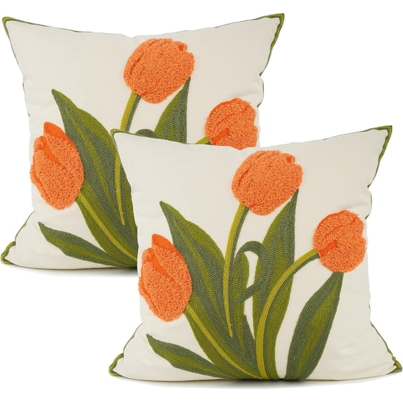 Pack of 2 Embroidered Decorative Throw Pillow Covers 18x18 Inch Farmhouse Tulip Floral Pillowcase for Living Room Sofa Bed