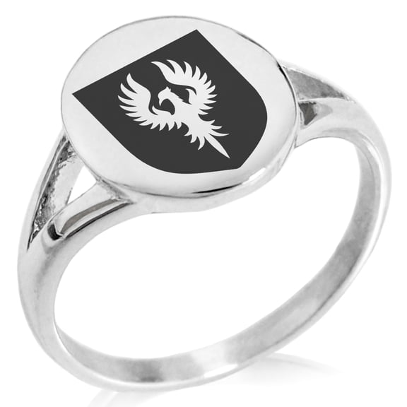 Stainless Steel Phoenix Resurrection Coat of Arms Shield Minimalist Oval Top Polished Statement Signet Ring