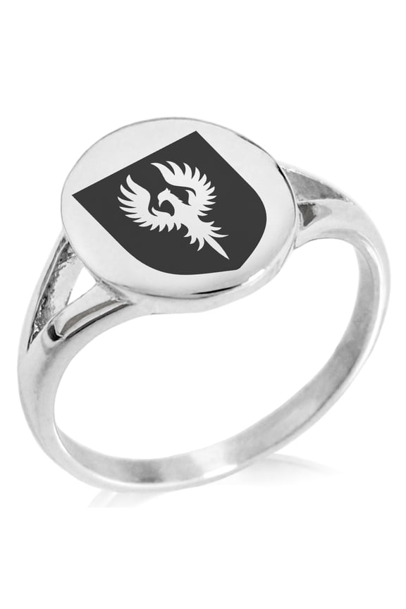Stainless Steel Phoenix Resurrection Coat of Arms Shield Minimalist Oval Top Polished Statement Signet Ring