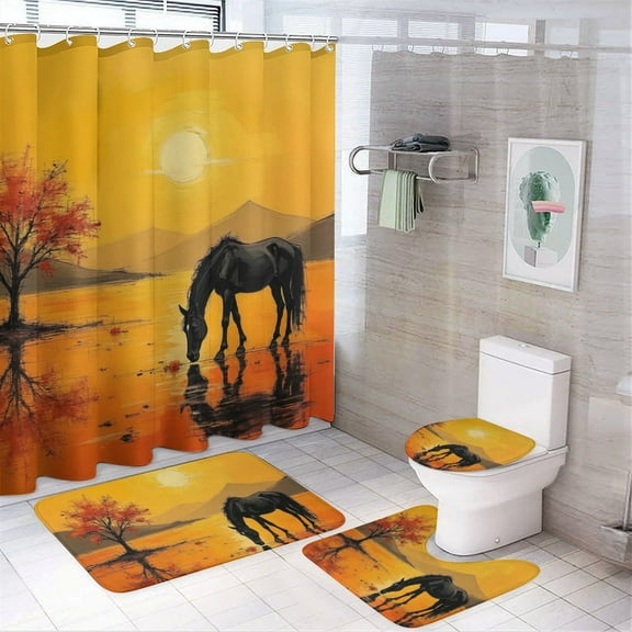 Horse Print Shower Curtain Set 4-Set Jungle Animal Theme Bathroom Decor Set Includes U-Mat ,Toilet Cover Mat ,Floor Mat ,Shower Curtain with 12 Hooks,72inx72in
