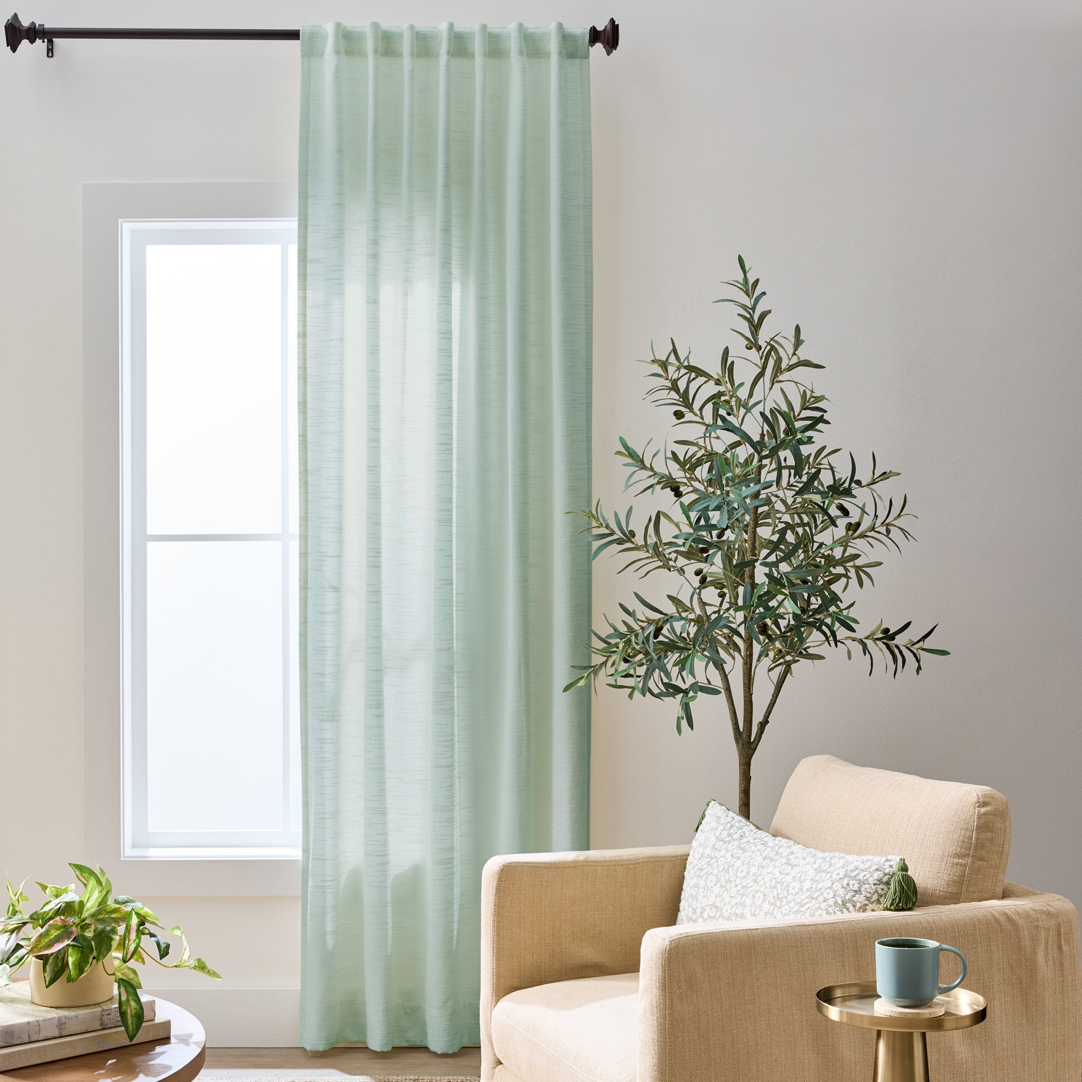 Better Homes & Gardens Textured Solid Chenille Light Filtering Single Curtain Panel, Green River, 50"W x 84"L