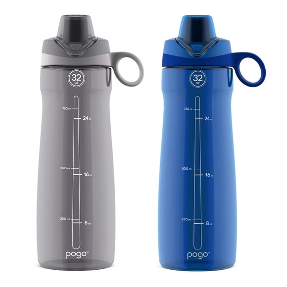 Pogo Botella de agua Tritan con tapa Chug de 32 onzas (gris/azul, paquete de 2)