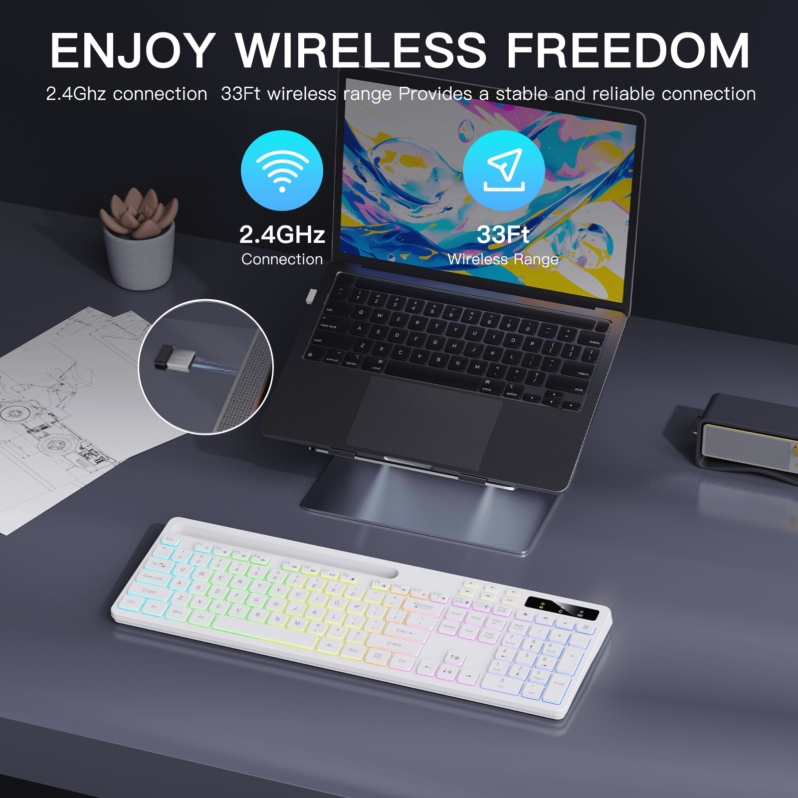 Wireless Keyboard with 7-Color RGB Backlit, Marvo Full-Size Computer Keyboard with Phone Tablet Holder, Rechargeable 2.4G Wireless Gaming Keyboard with Light up Keys, Compatible with Mac,Window,White