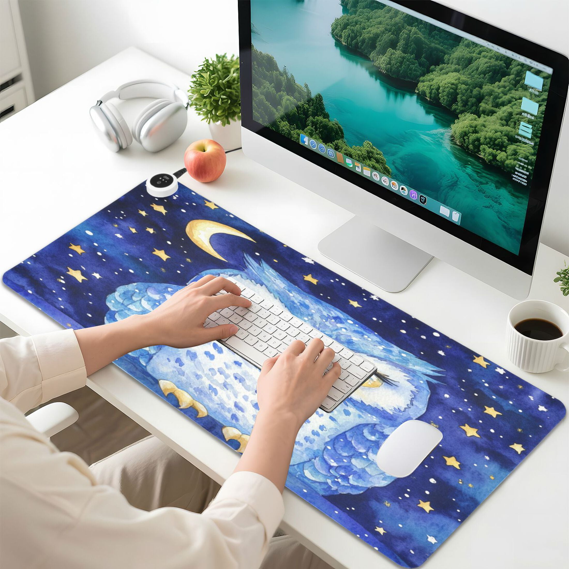 Wobogo Blue Starry Owl Heated Mouse Pad Extra-Large Desk Mat With 3 Heating Levels and 3-hour Auto Shut-Off Protection Ideal for Computer Keyboards Home Office Hand-warming Essential 31.5in × 13in